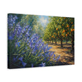 Side Mockup 4. Nature Bluebells, Orange Grove Blue Orange Landscape shown as stretched canvas wall art
