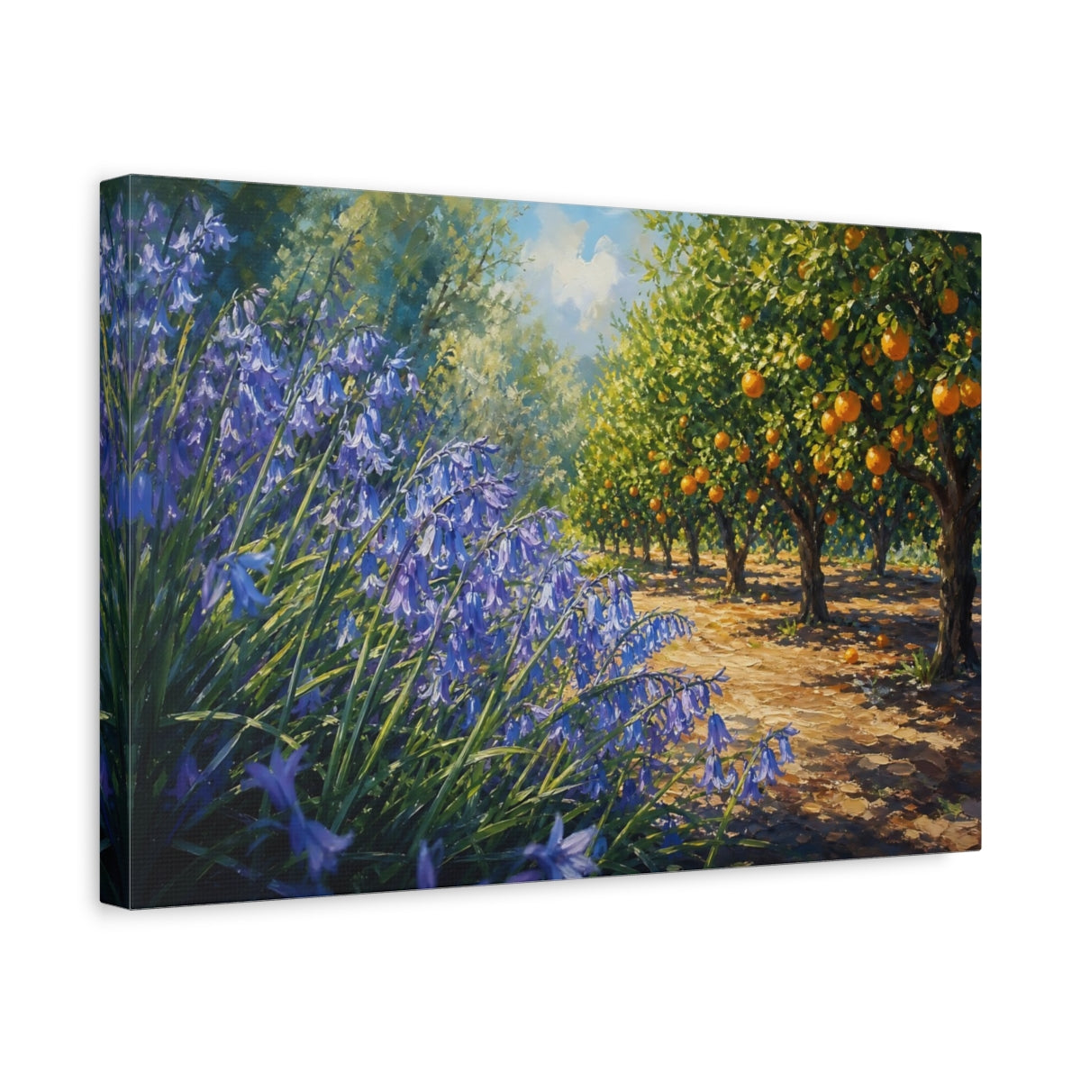 Side Mockup 4. Nature Bluebells, Orange Grove Blue Orange Landscape shown as stretched canvas wall art