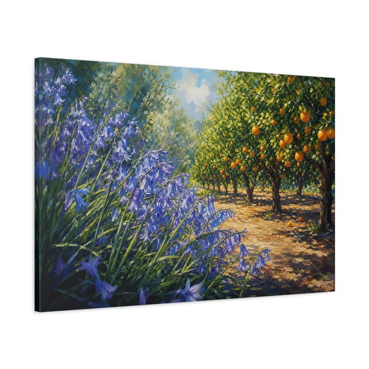 Main Mockup. Nature Bluebells, Orange Grove Blue Orange Landscape shown as stretched canvas wall art