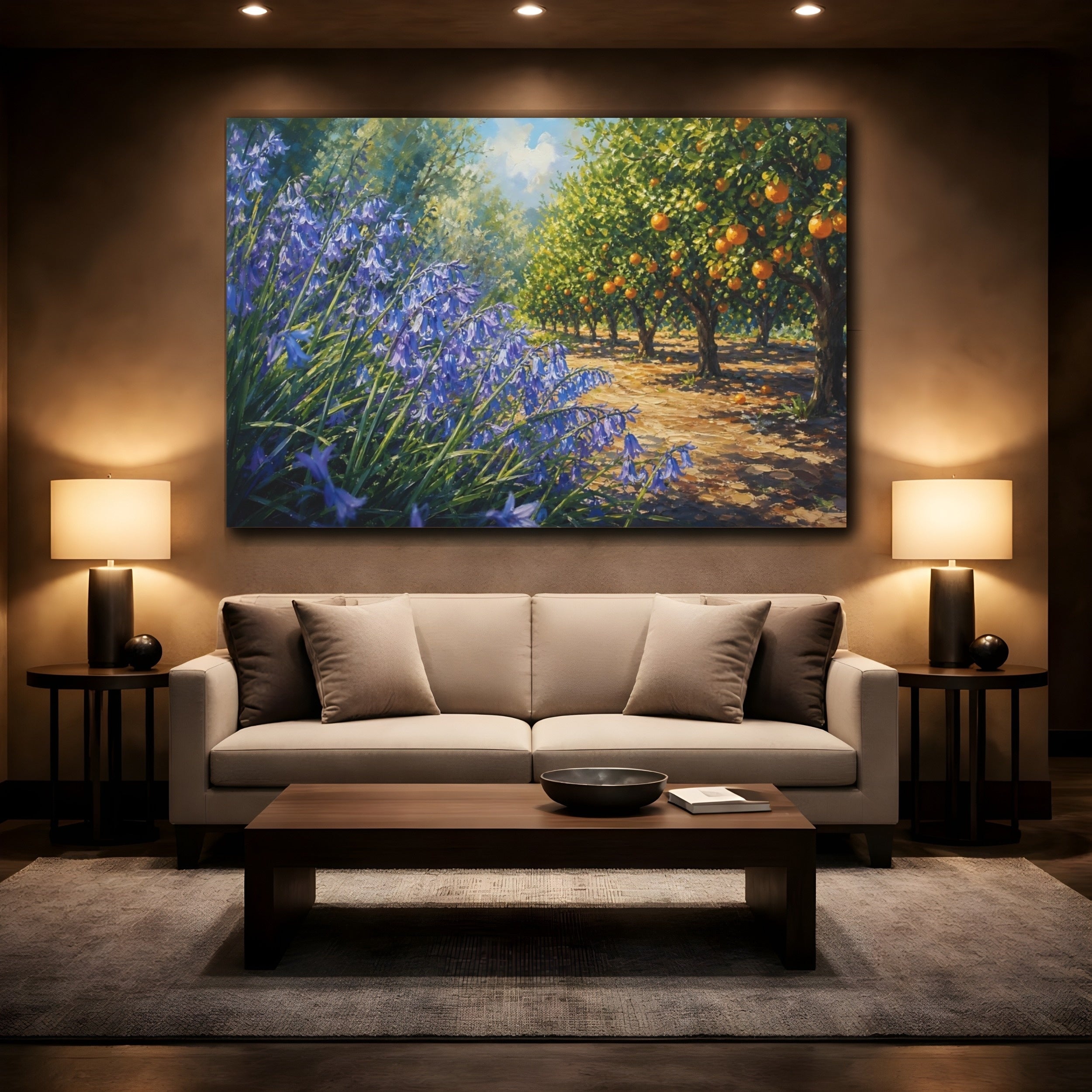 Mockup 2. Nature Bluebells, Orange Grove Blue Orange Landscape shown as stretched canvas wall art