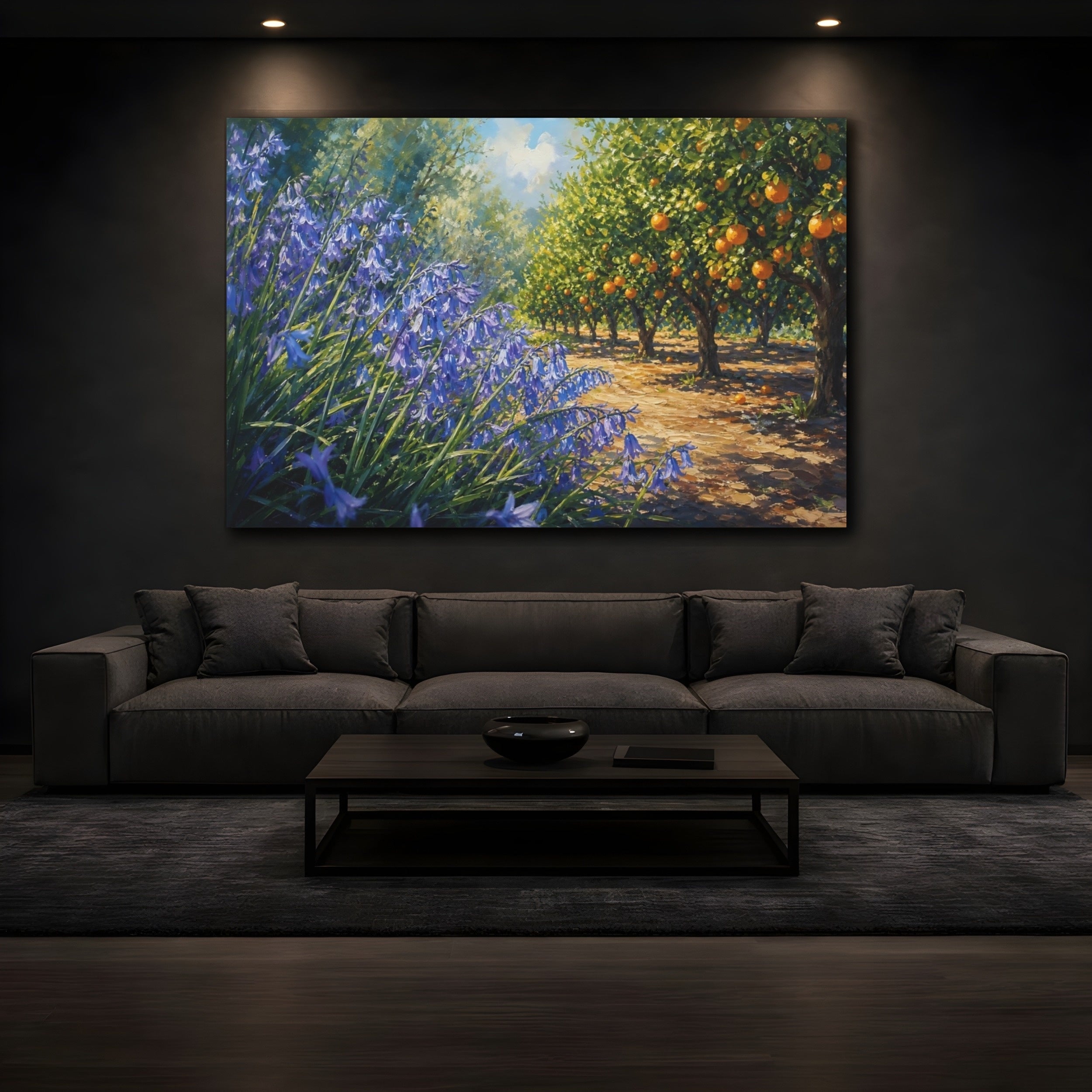 Mockup 3. Nature Bluebells, Orange Grove Blue Orange Landscape shown as stretched canvas wall art