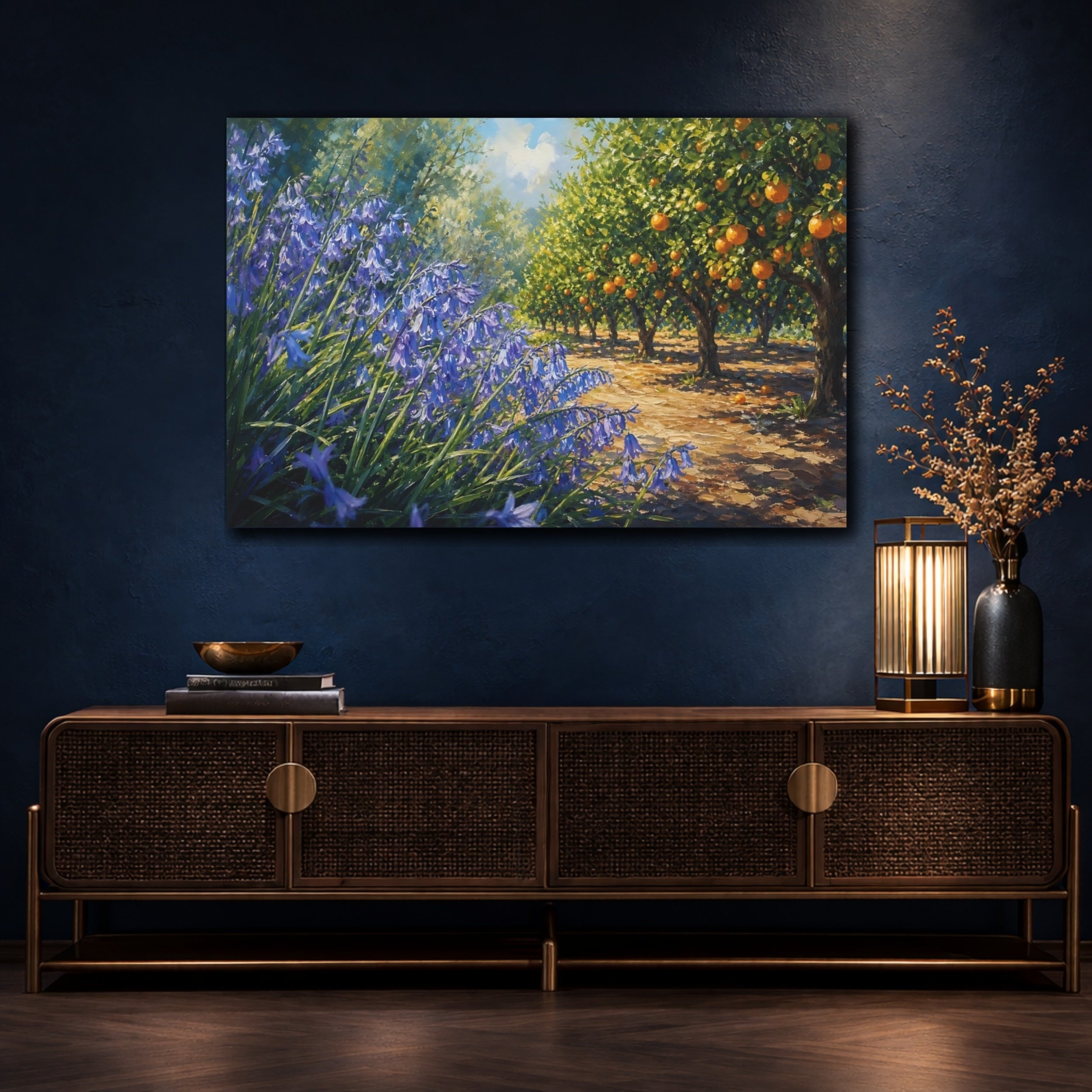 Mockup 4. Nature Bluebells, Orange Grove Blue Orange Landscape shown as stretched canvas wall art