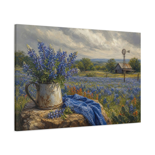 Main Mockup. Nature Bluebonnets Blue And Brown shown as stretched canvas wall art