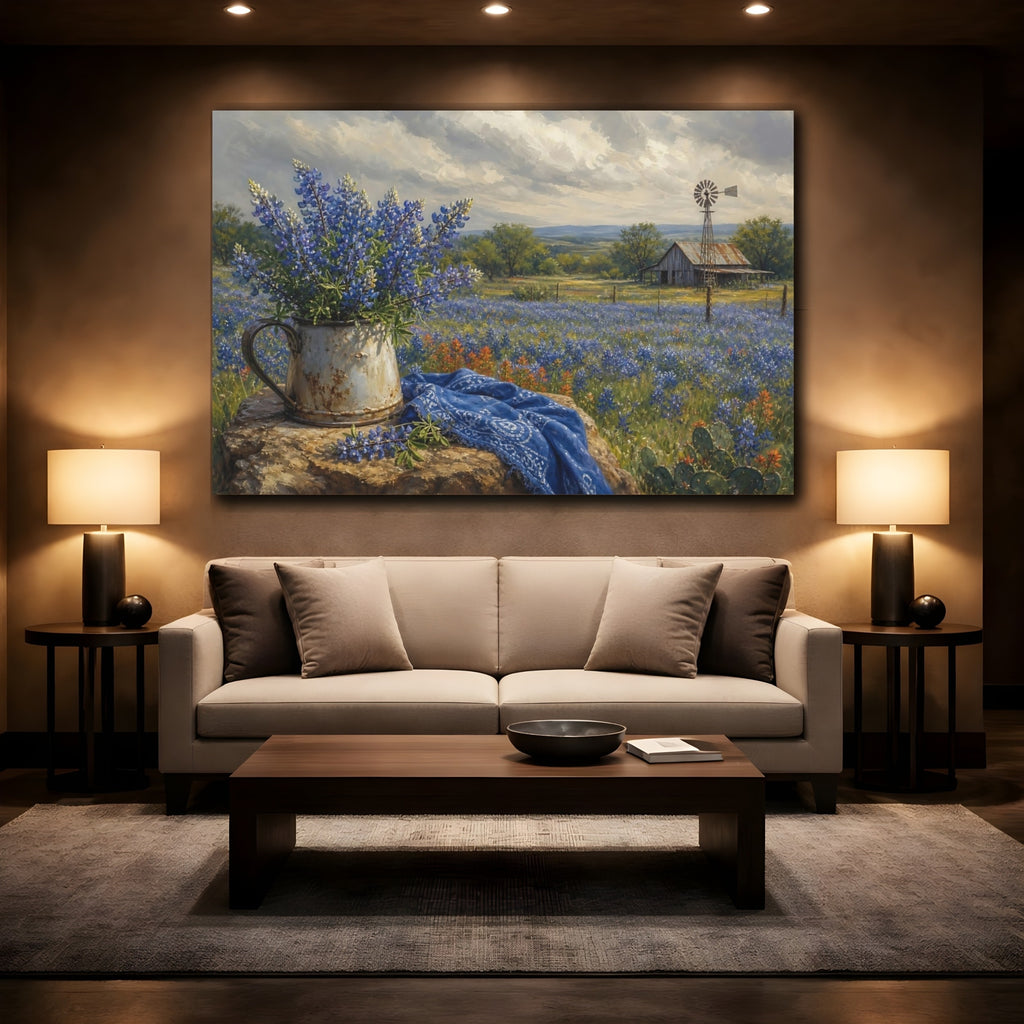 Mockup 2. Nature Bluebonnets Blue And Brown shown as stretched canvas wall art