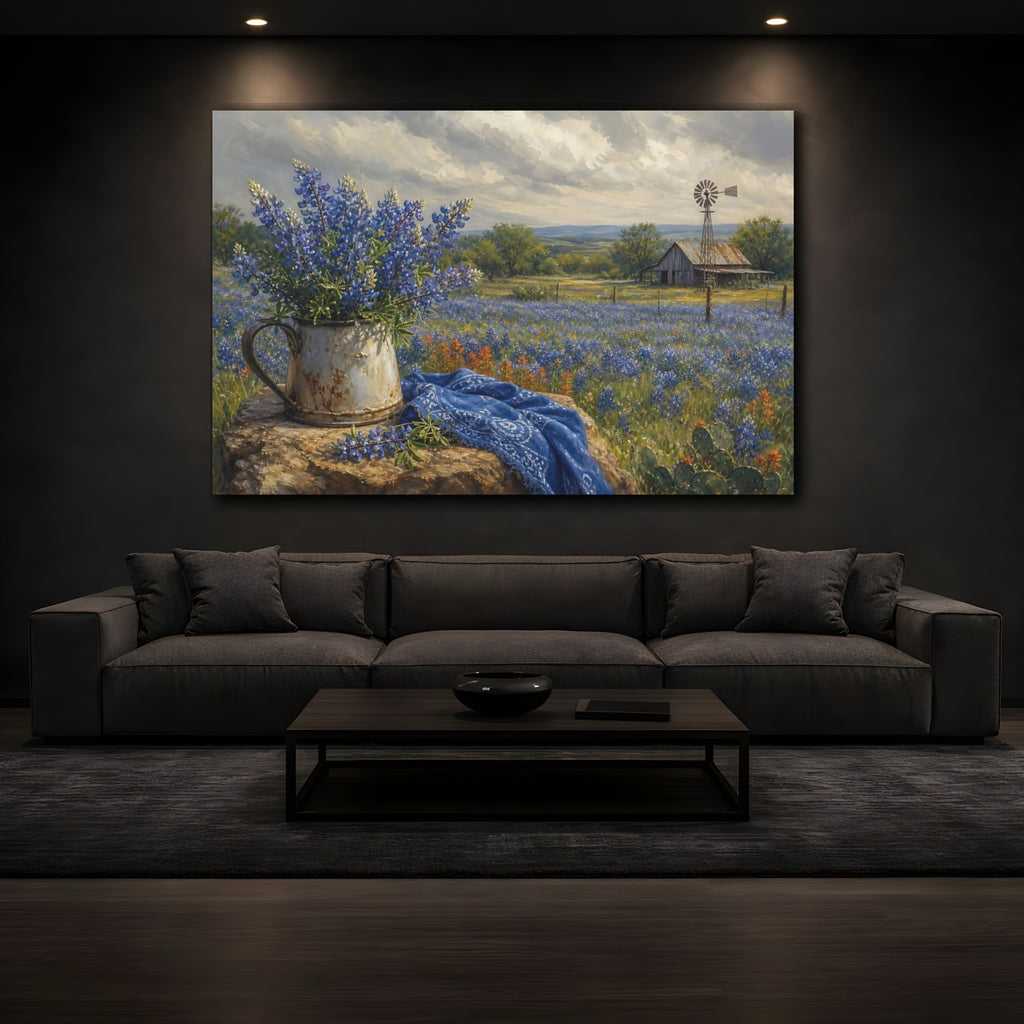 Mockup 3. Nature Bluebonnets Blue And Brown shown as stretched canvas wall art