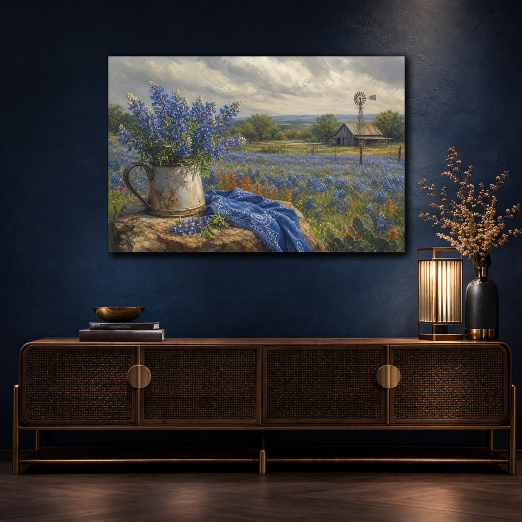 Mockup 4. Nature Bluebonnets Blue And Brown shown as stretched canvas wall art