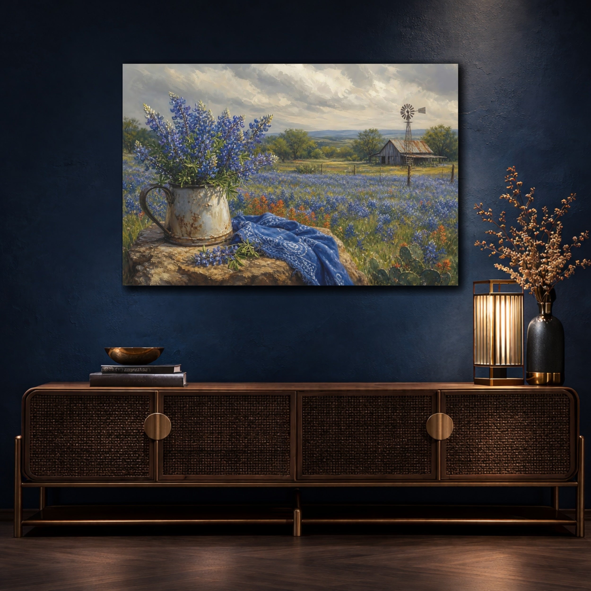 Mockup 4. Nature Bluebonnets Blue And Brown shown as stretched canvas wall art