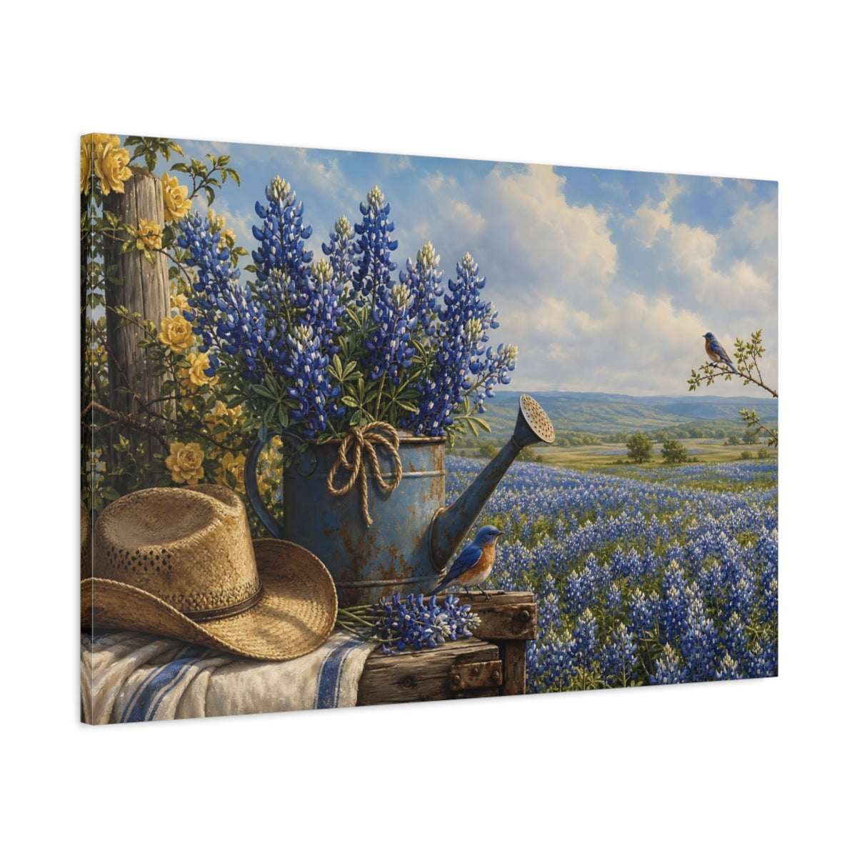 Main Mockup. Nature Bluebonnets Blue And Yellow shown as stretched canvas wall art