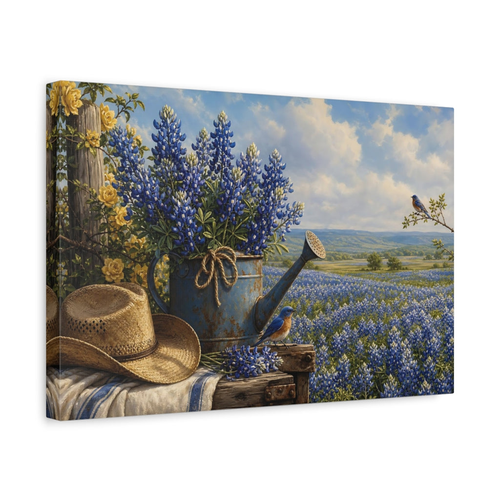 Side Mockup 4. Nature Bluebonnets Blue And Yellow shown as stretched canvas wall art