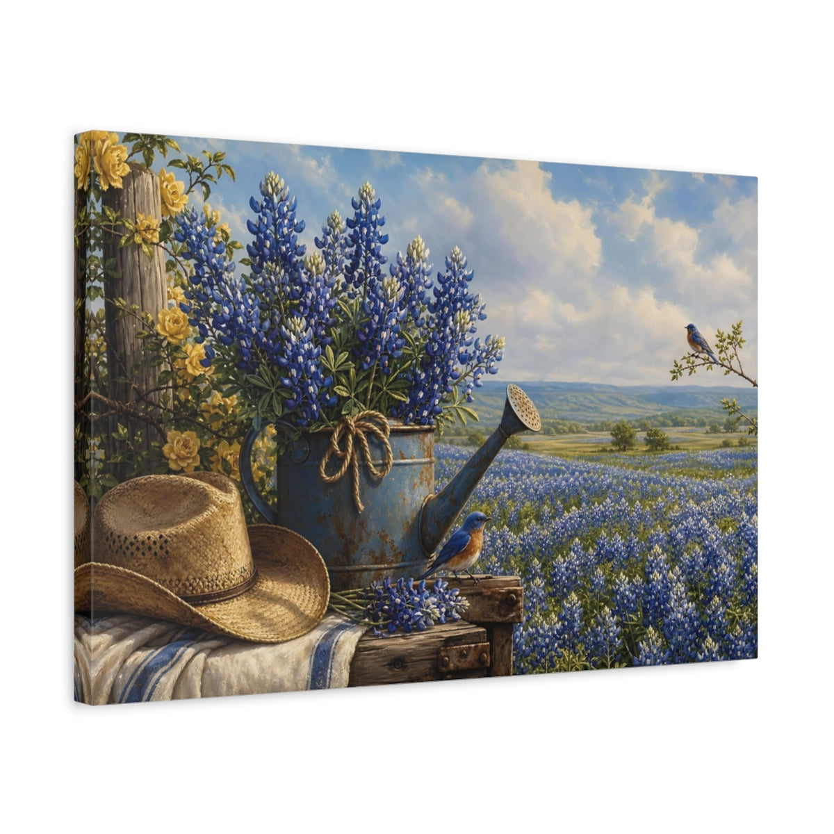 Side Mockup 3. Nature Bluebonnets Blue And Yellow shown as stretched canvas wall art
