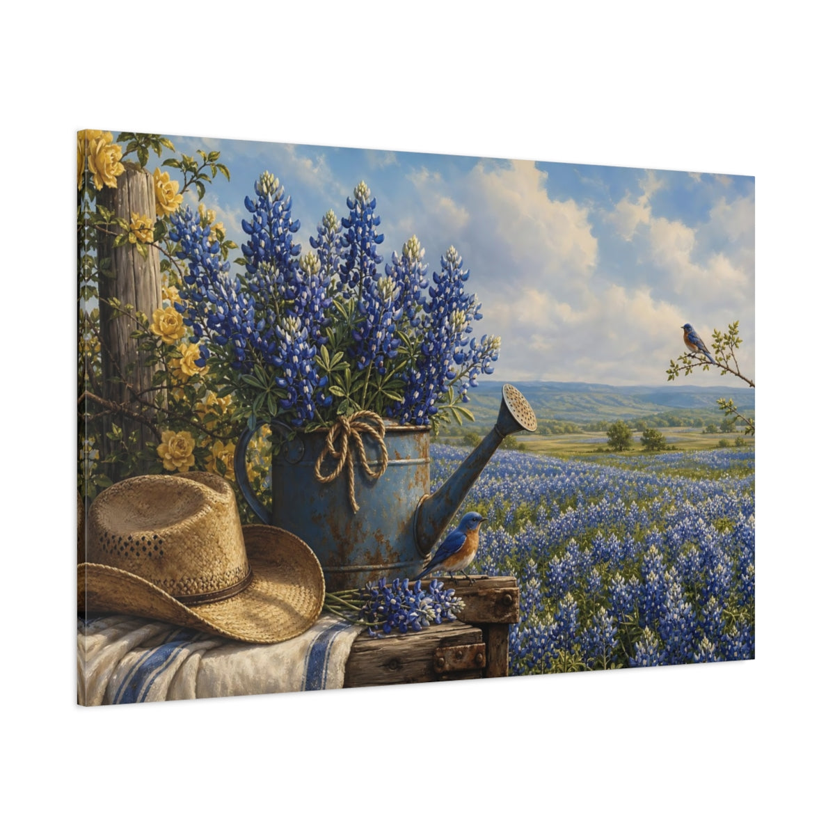 Side Mockup 1. Nature Bluebonnets Blue And Yellow shown as stretched canvas wall art