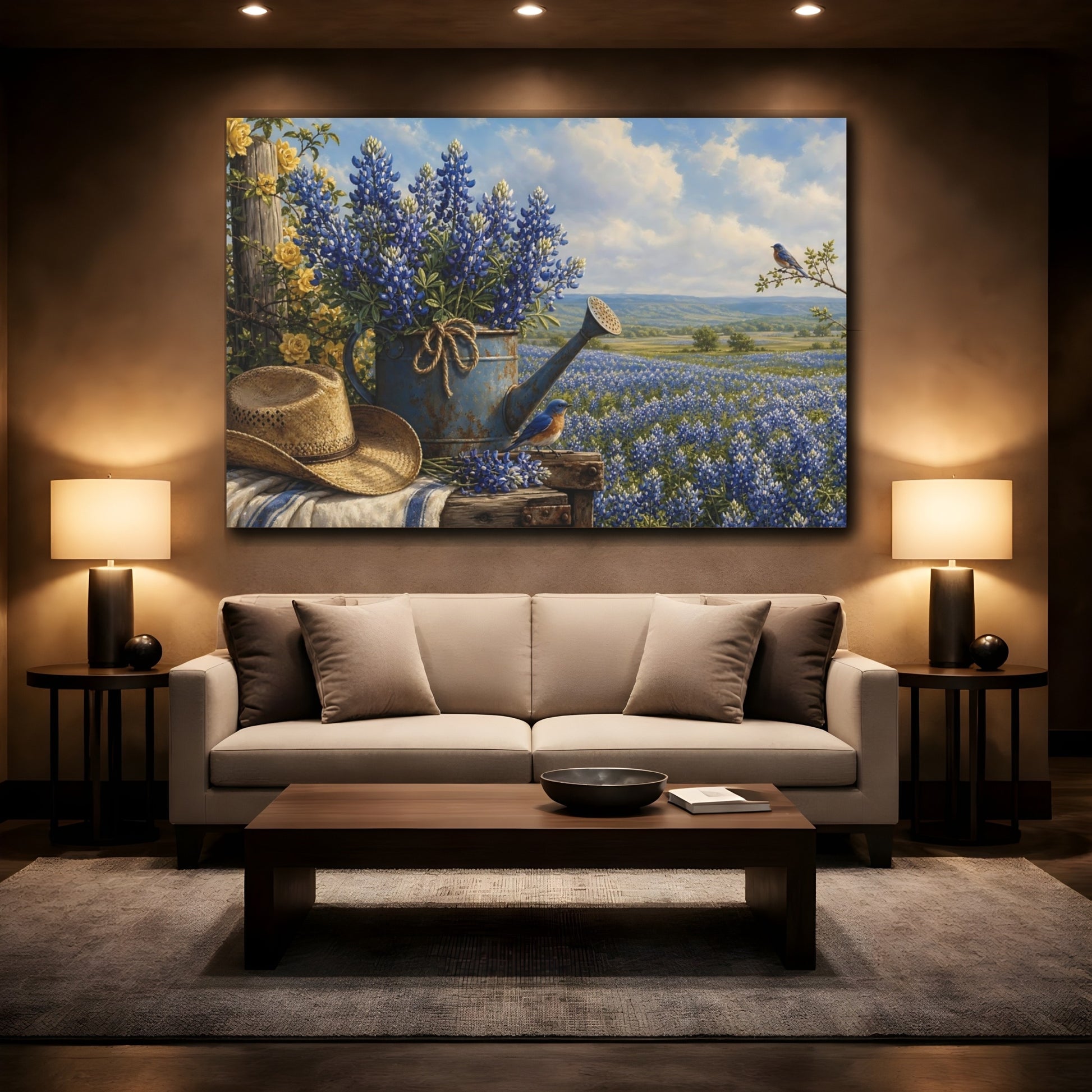 Mockup 2. Nature Bluebonnets Blue And Yellow shown as stretched canvas wall art