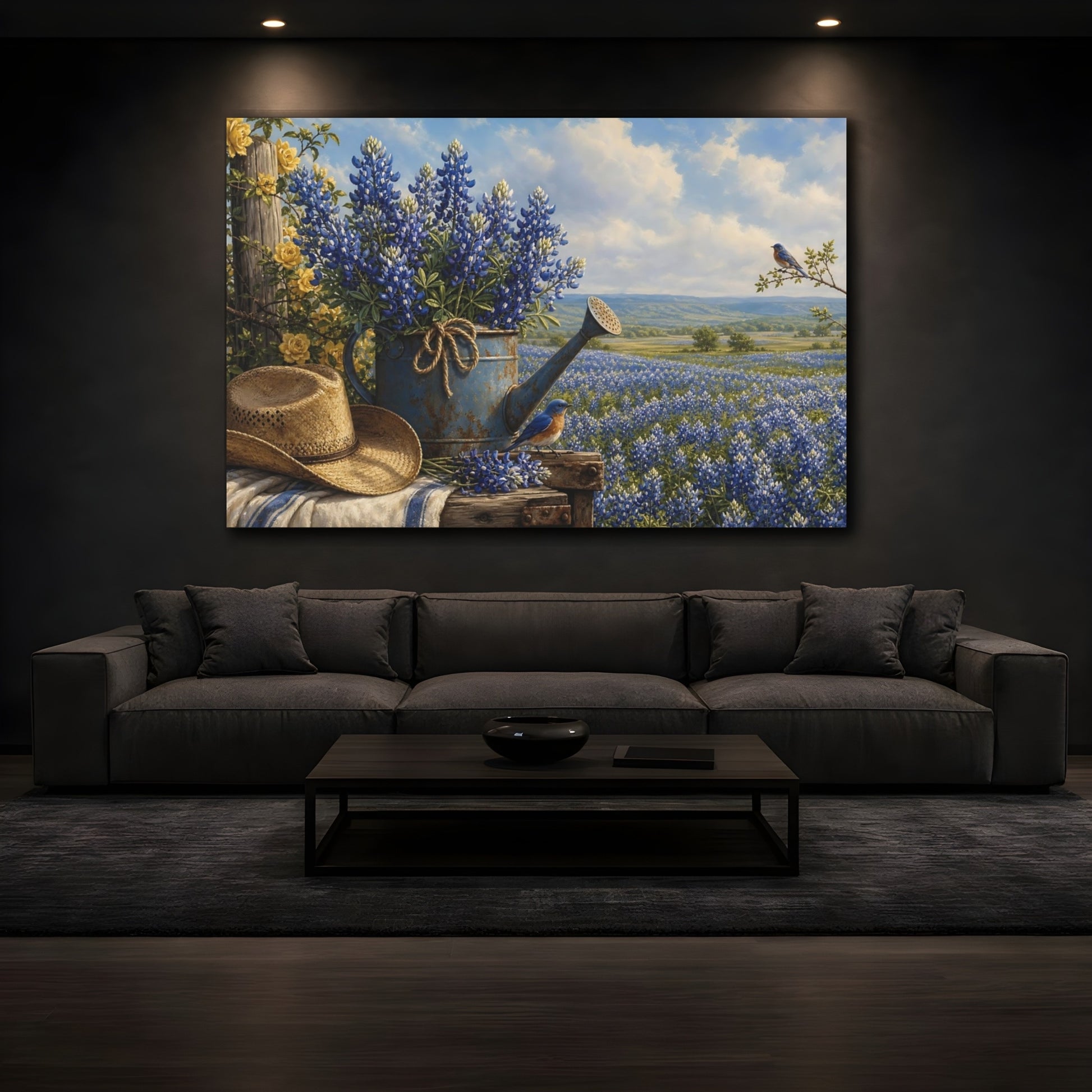 Mockup 3. Nature Bluebonnets Blue And Yellow shown as stretched canvas wall art