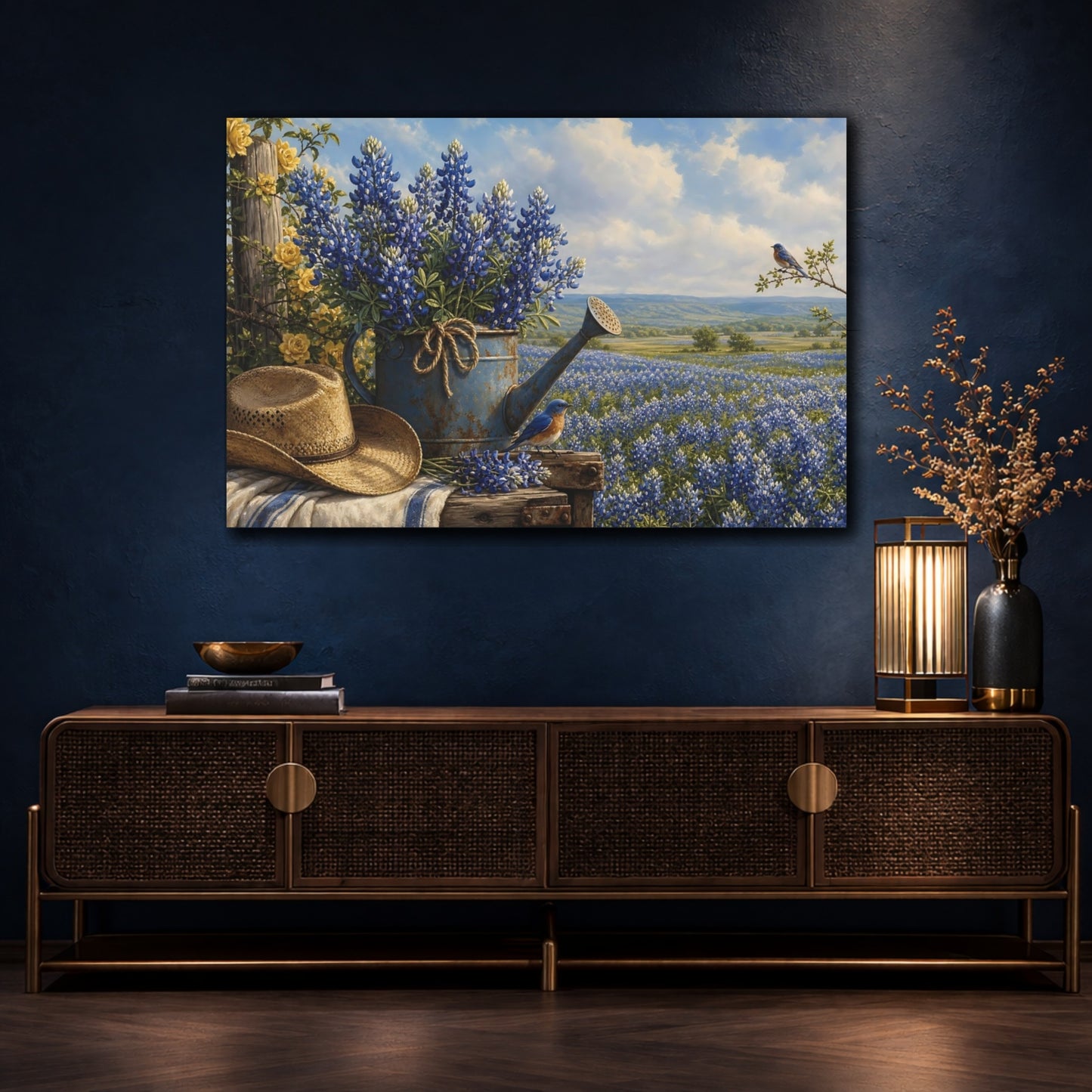 Mockup 4. Nature Bluebonnets Blue And Yellow shown as stretched canvas wall art