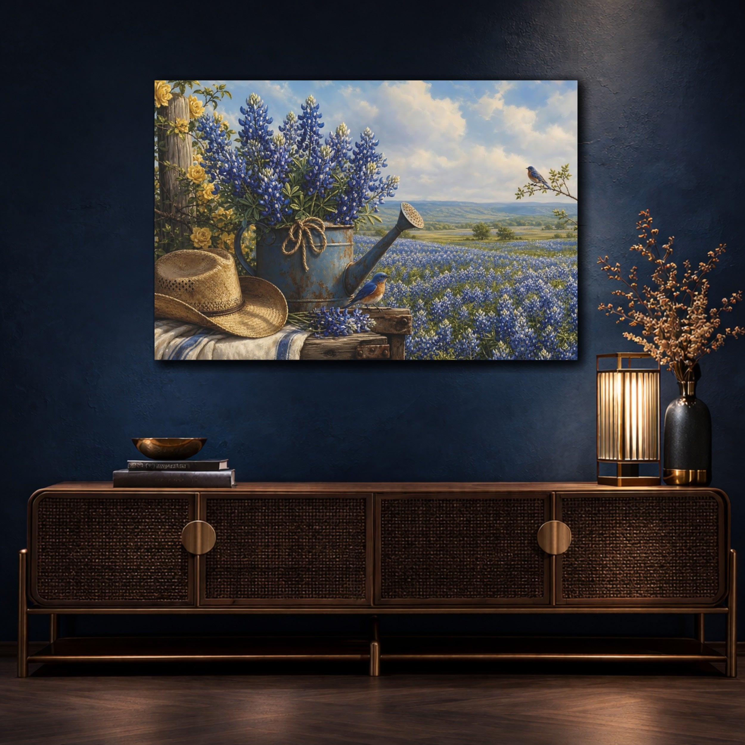 Mockup 4. Nature Bluebonnets Blue And Yellow shown as stretched canvas wall art