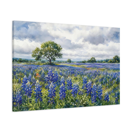 Main Mockup. Nature Bluebonnets Bluebonnet Field shown as stretched canvas wall art