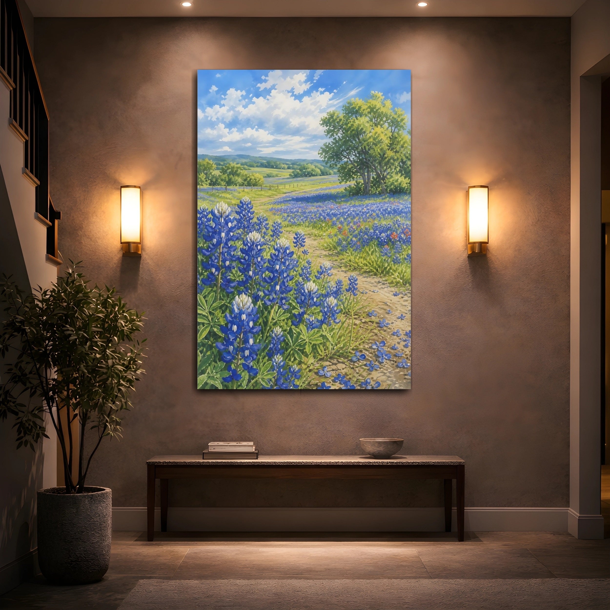 Mockup 2. Nature Bluebonnets Bluebonnet Field shown as stretched canvas wall art