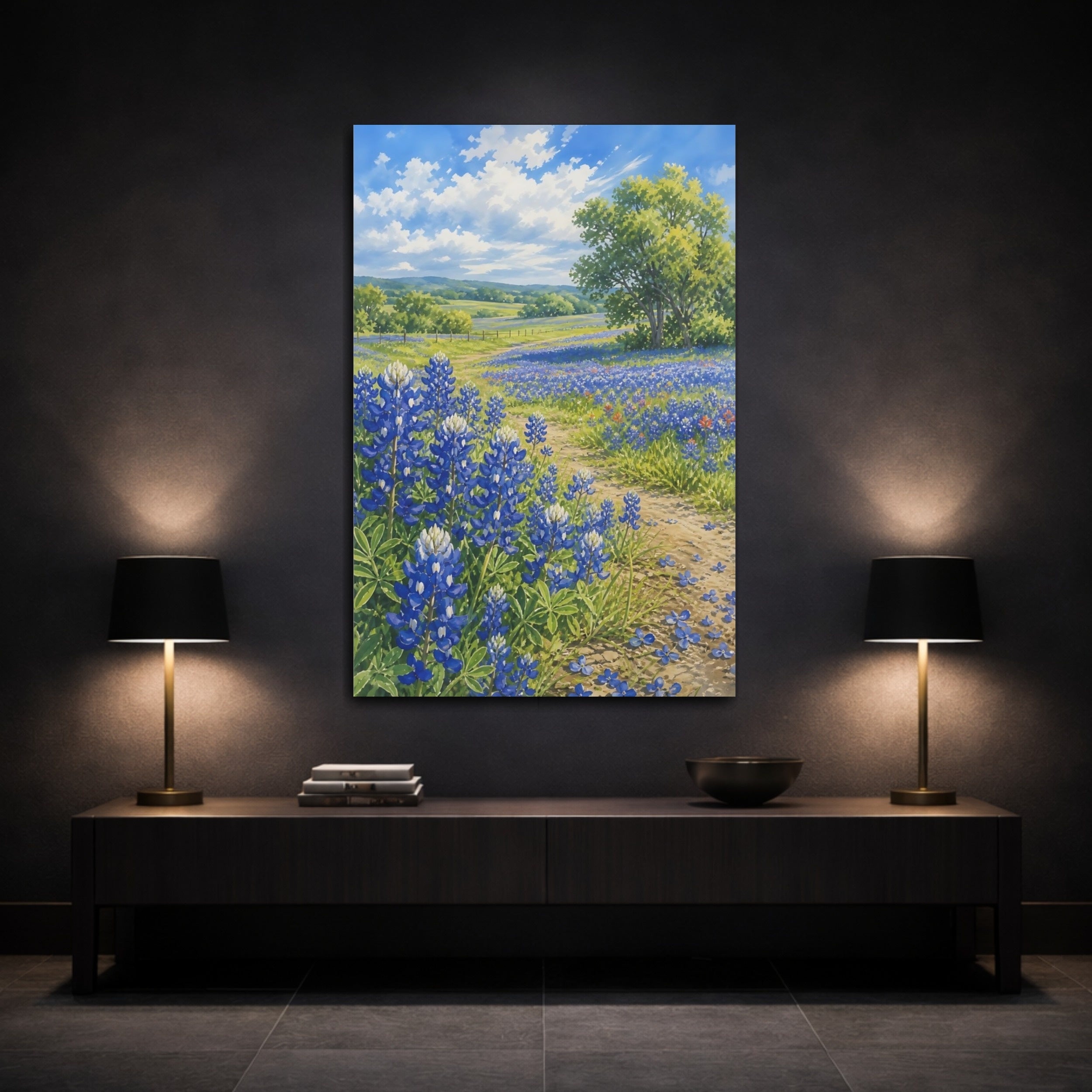 Mockup 3. Nature Bluebonnets Bluebonnet Field shown as stretched canvas wall art