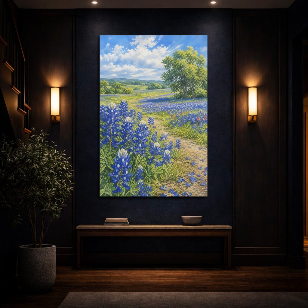 Mockup 4. Nature Bluebonnets Bluebonnet Field shown as stretched canvas wall art