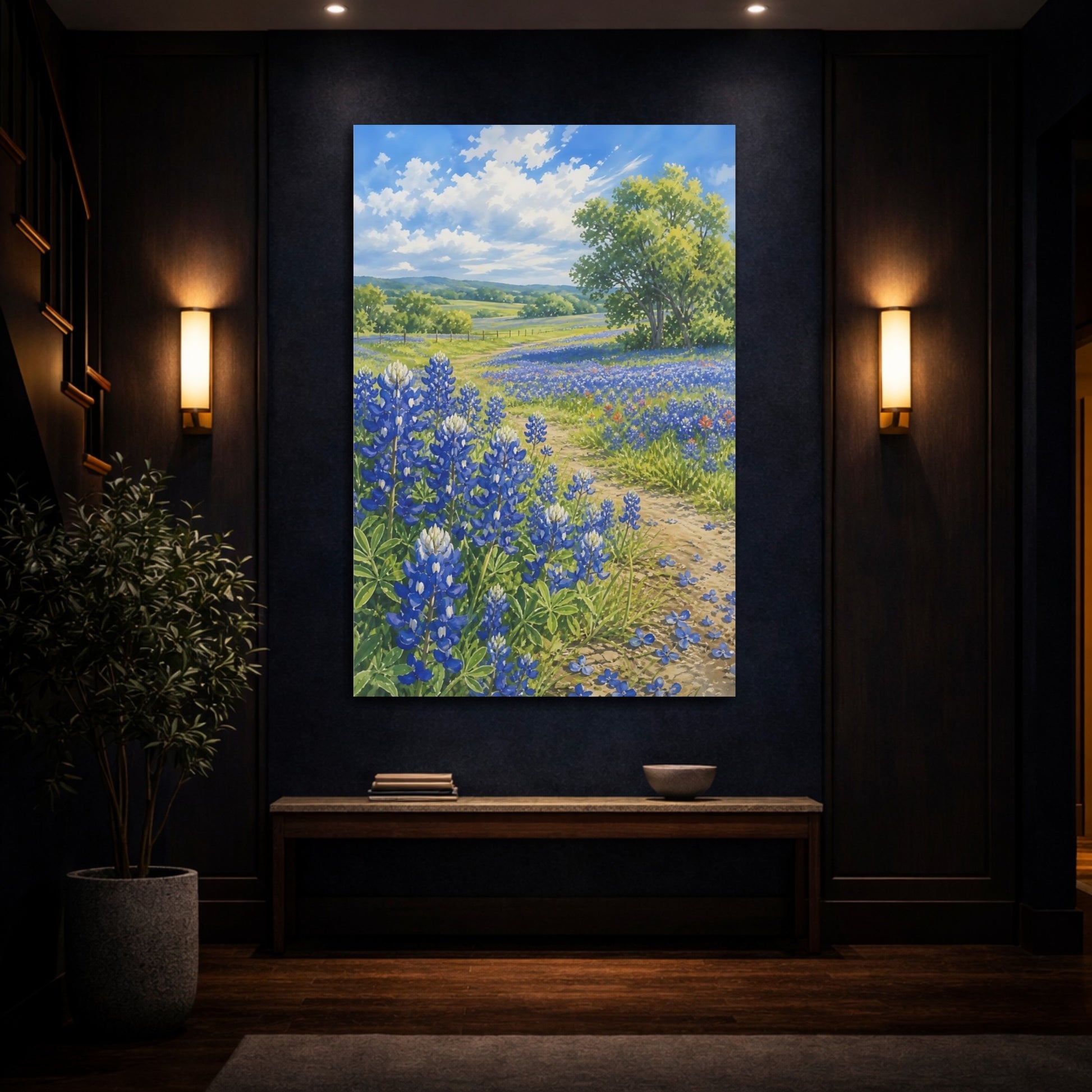 Mockup 4. Nature Bluebonnets Bluebonnet Field shown as stretched canvas wall art