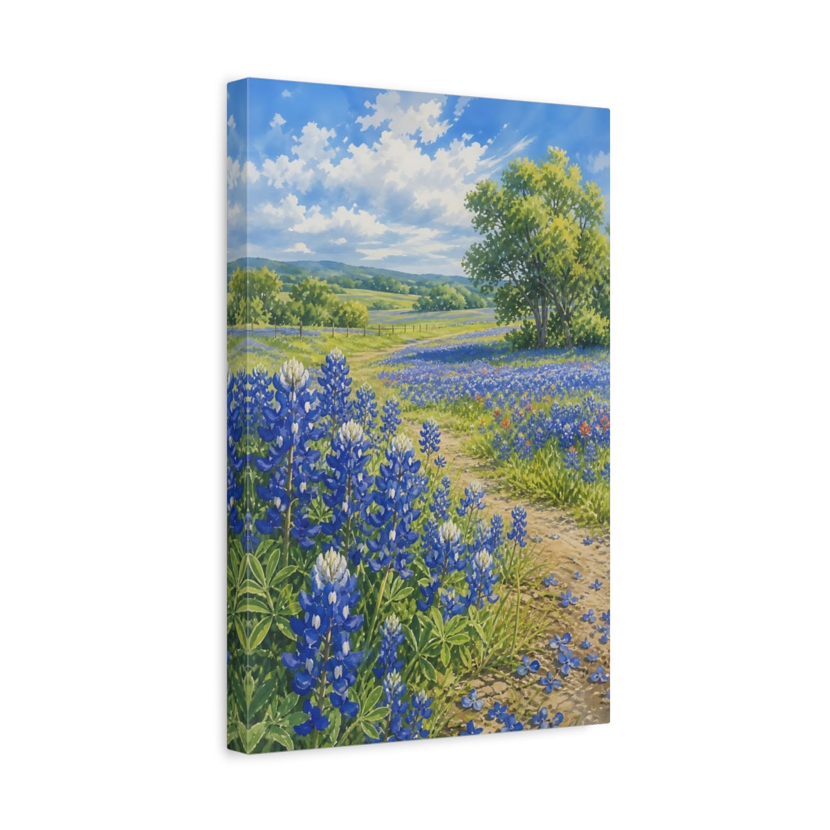 Side Mockup 4. Nature Bluebonnets Bluebonnet Field shown as stretched canvas wall art