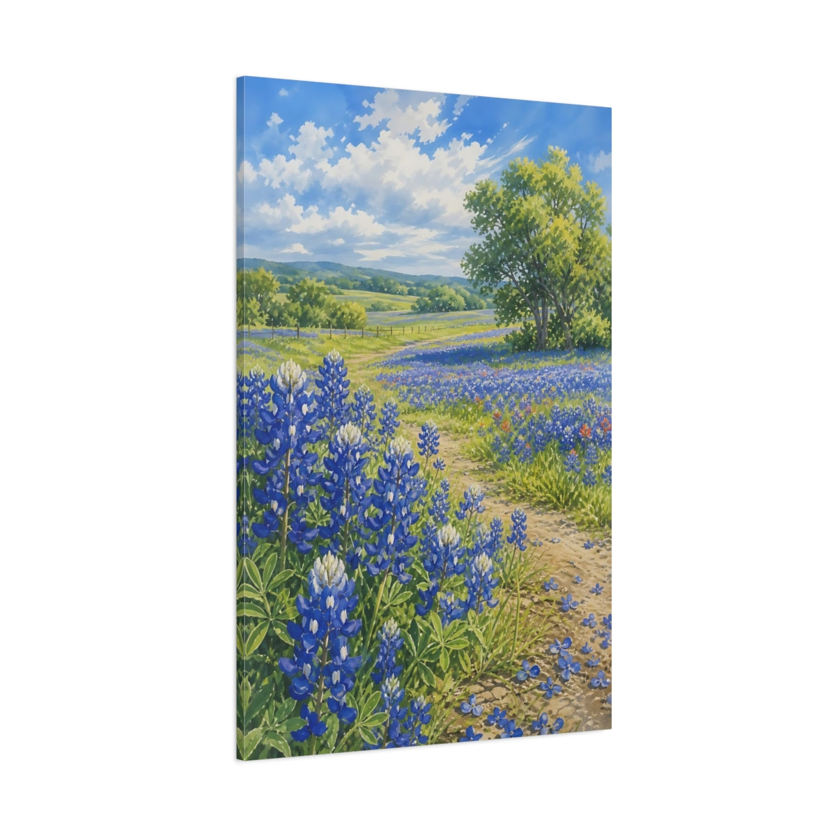 Side Mockup 1. Nature Bluebonnets Bluebonnet Field shown as stretched canvas wall art