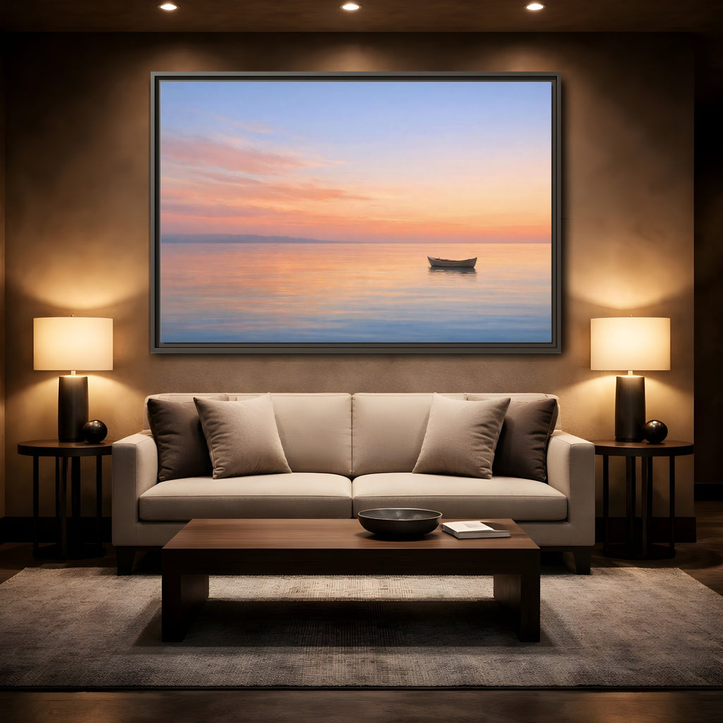 Mockup 2. Nature Boat Sunset Boat shown as stretched canvas wall art