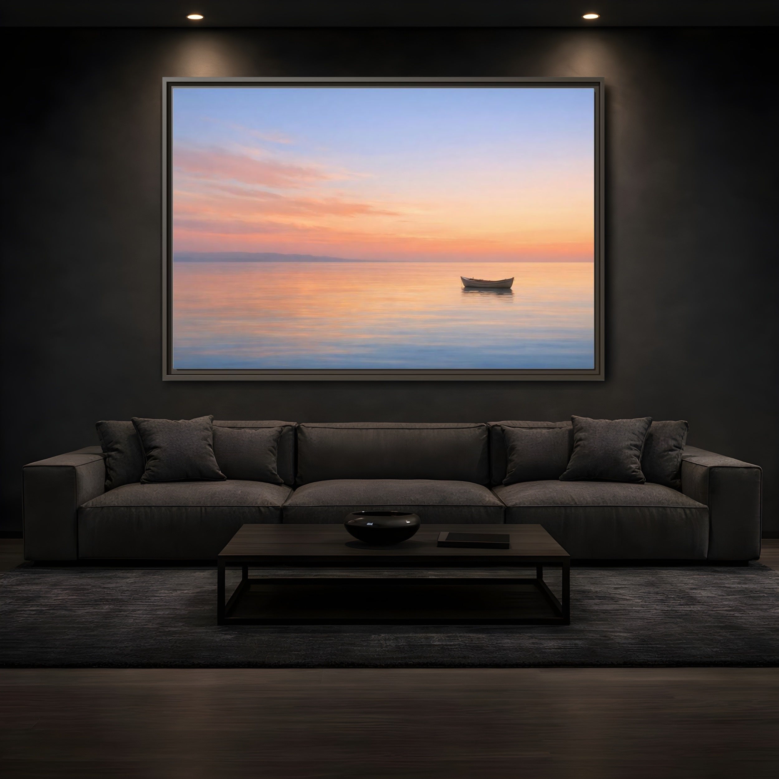 Mockup 3. Nature Boat Sunset Boat shown as stretched canvas wall art