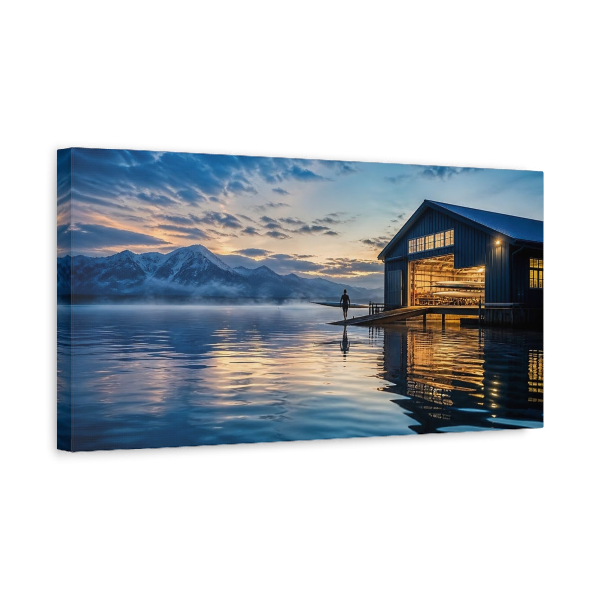 Side Mockup 3. Nature Boathouse Lake Blue And Gold Landscape shown as canvas print