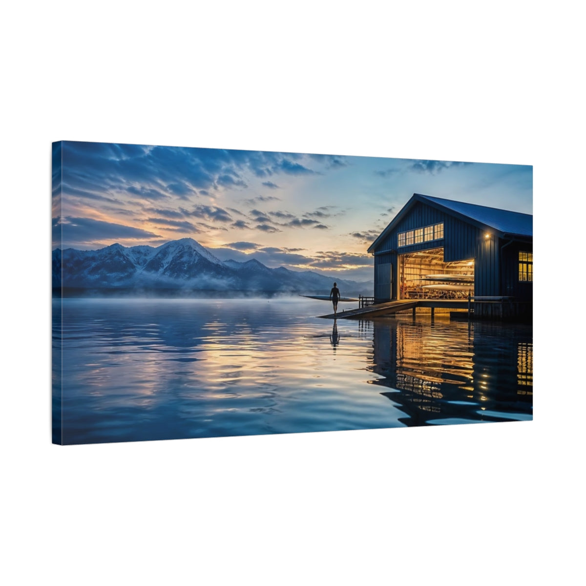 Side Mockup 1. Nature Boathouse Lake Blue And Gold Landscape shown as canvas print