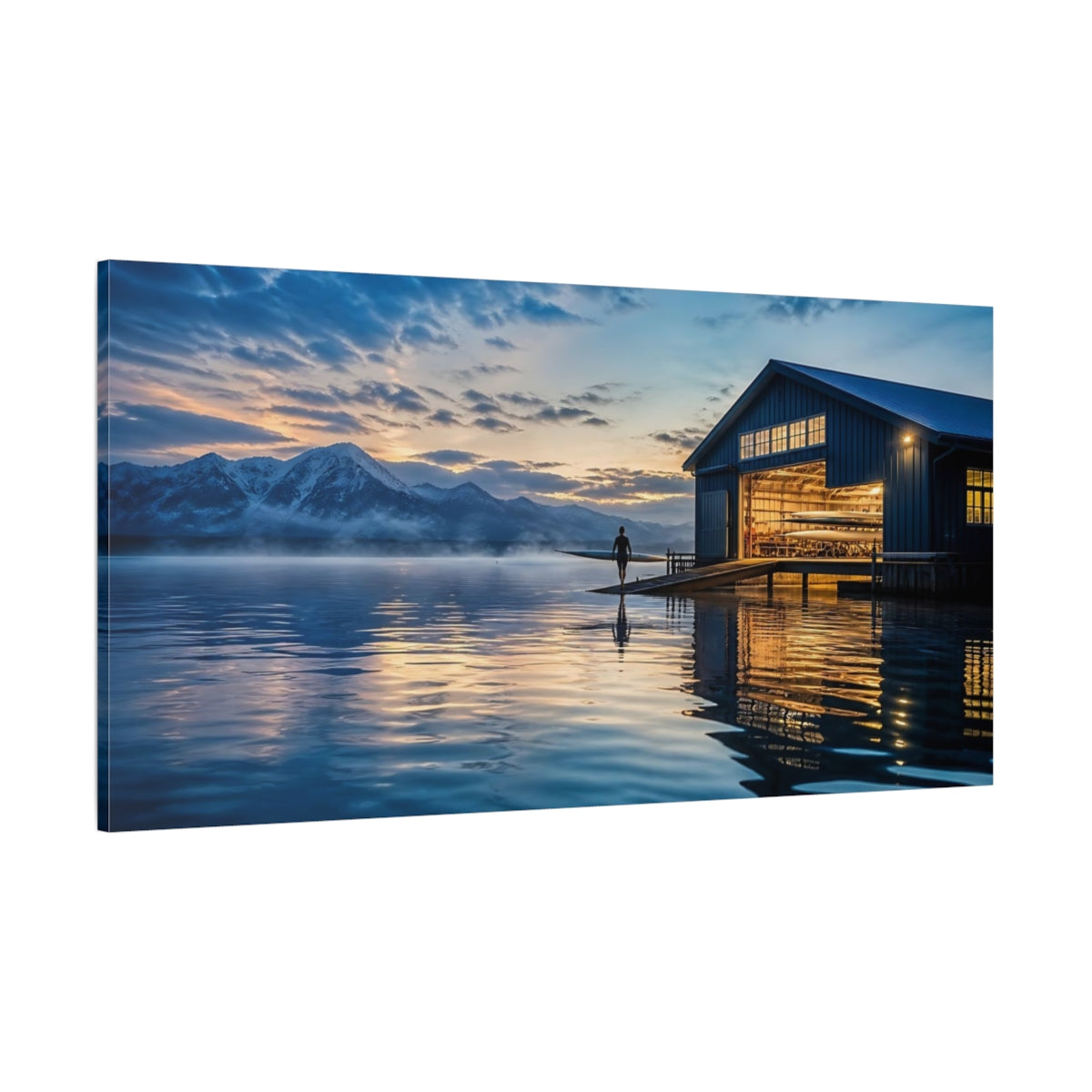 Side Mockup 2. Nature Boathouse Lake Blue And Gold Landscape shown as canvas print