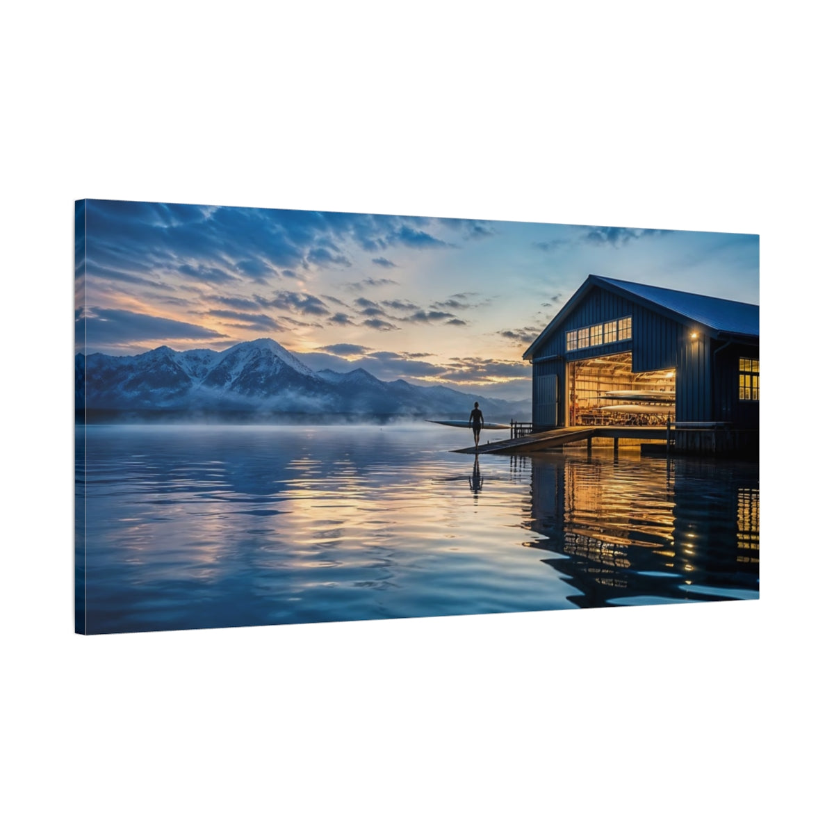Main Mockup. Nature Boathouse Lake Blue And Gold Landscape shown as canvas print