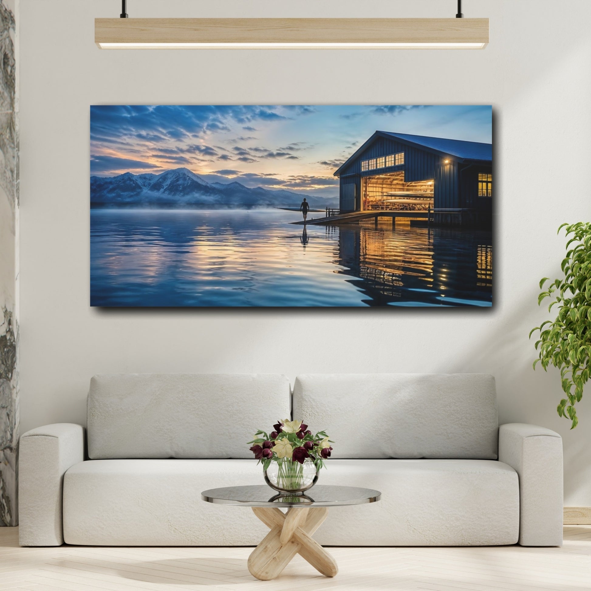 Mockup 2. Nature Boathouse Lake Blue And Gold Landscape shown as canvas print
