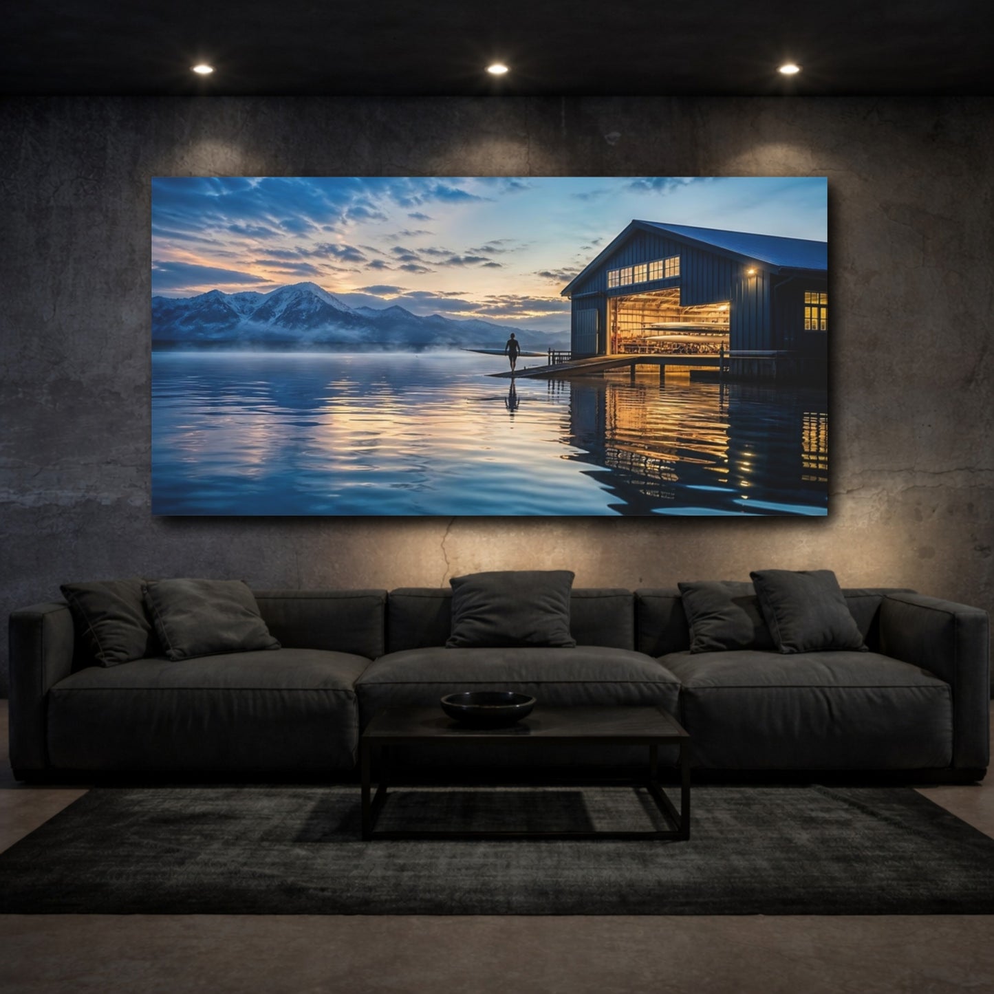 Mockup 3. Nature Boathouse Lake Blue And Gold Landscape shown as canvas print