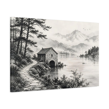 Main Mockup. Nature Boathouse Monochrome Landscape shown as stretched canvas wall art