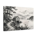 Side Mockup 4. Nature Boathouse Monochrome Landscape shown as stretched canvas wall art