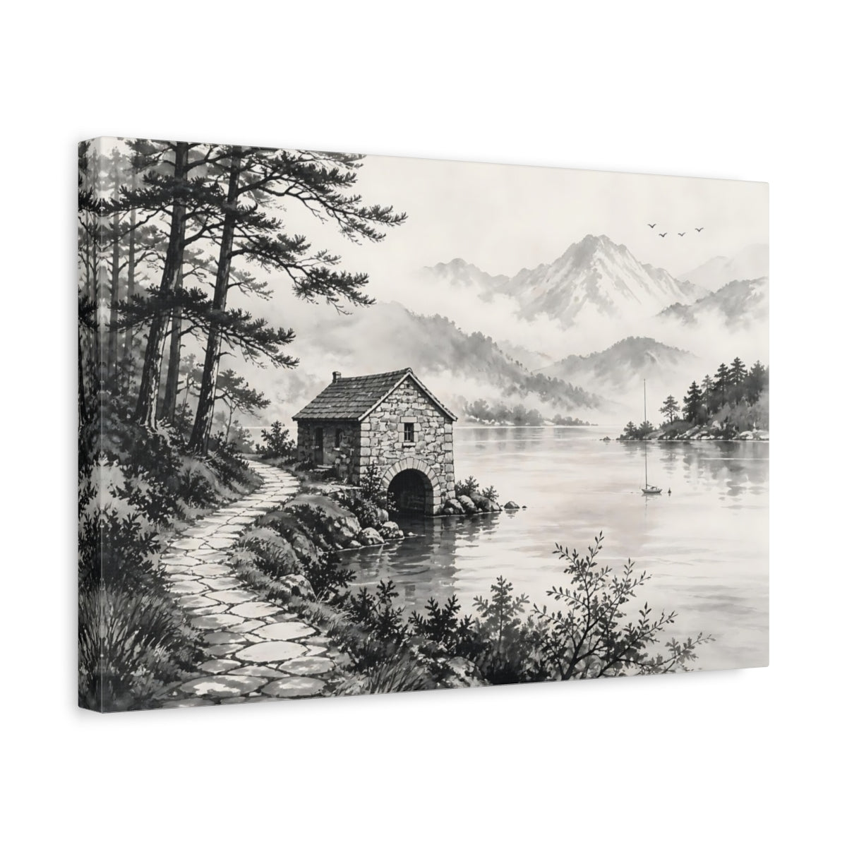 Side Mockup 4. Nature Boathouse Monochrome Landscape shown as stretched canvas wall art