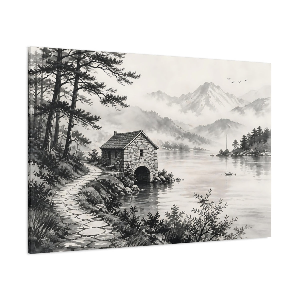 Side Mockup 1. Nature Boathouse Monochrome Landscape shown as stretched canvas wall art