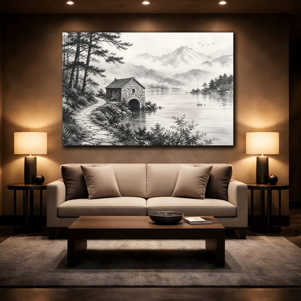 Mockup 2. Nature Boathouse Monochrome Landscape shown as stretched canvas wall art