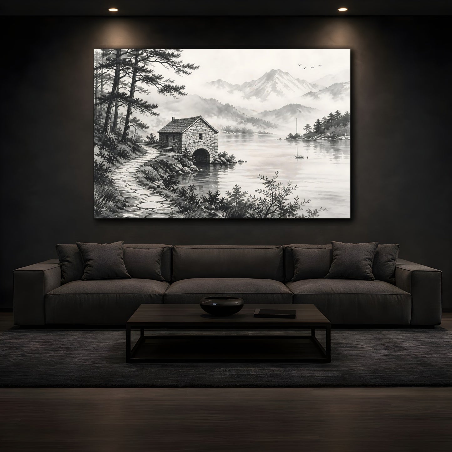 Mockup 3. Nature Boathouse Monochrome Landscape shown as stretched canvas wall art