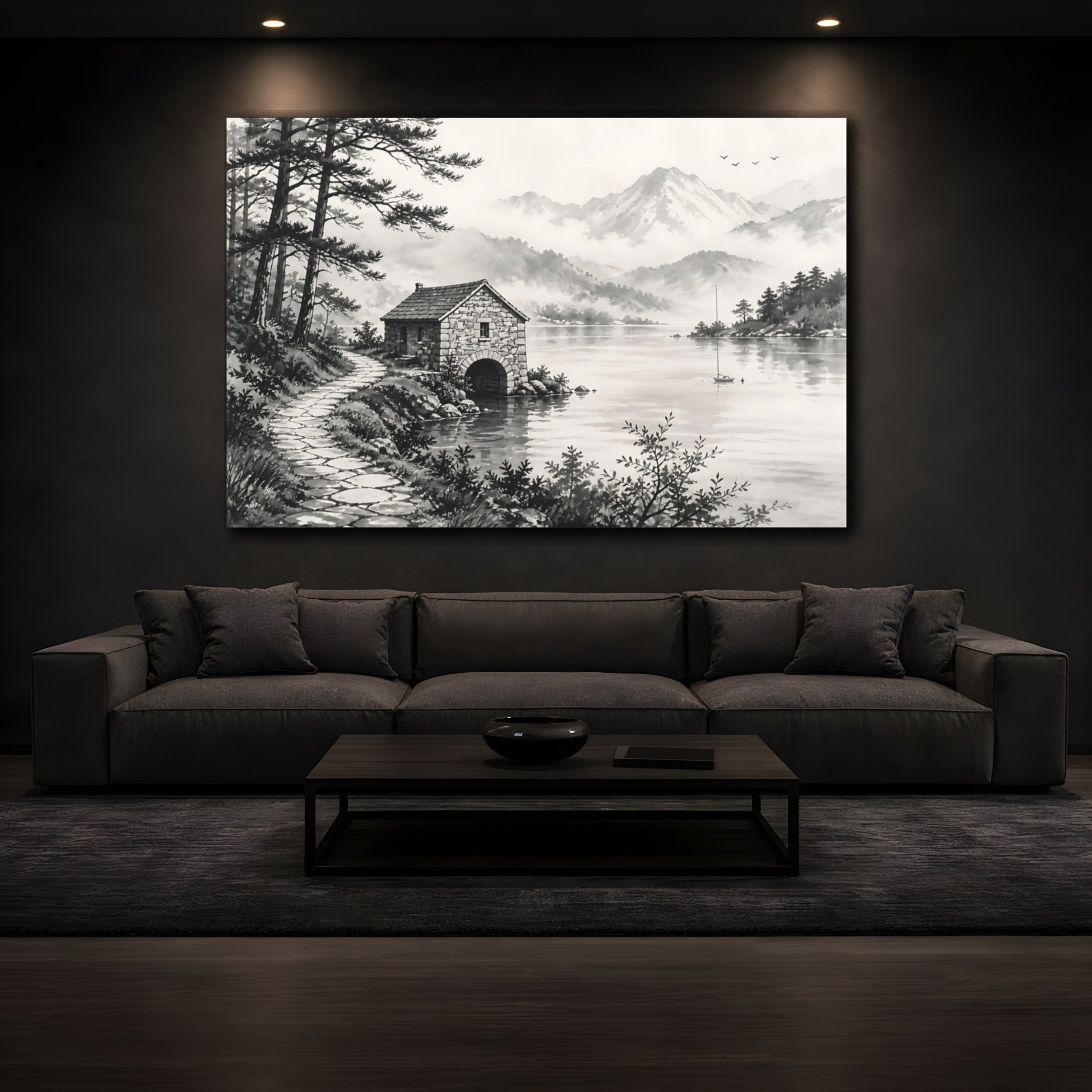 Mockup 3. Nature Boathouse Monochrome Landscape shown as stretched canvas wall art
