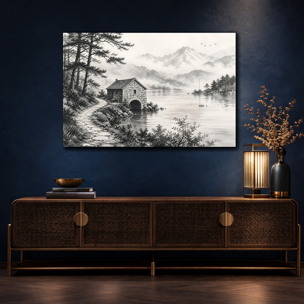 Mockup 4. Nature Boathouse Monochrome Landscape shown as stretched canvas wall art