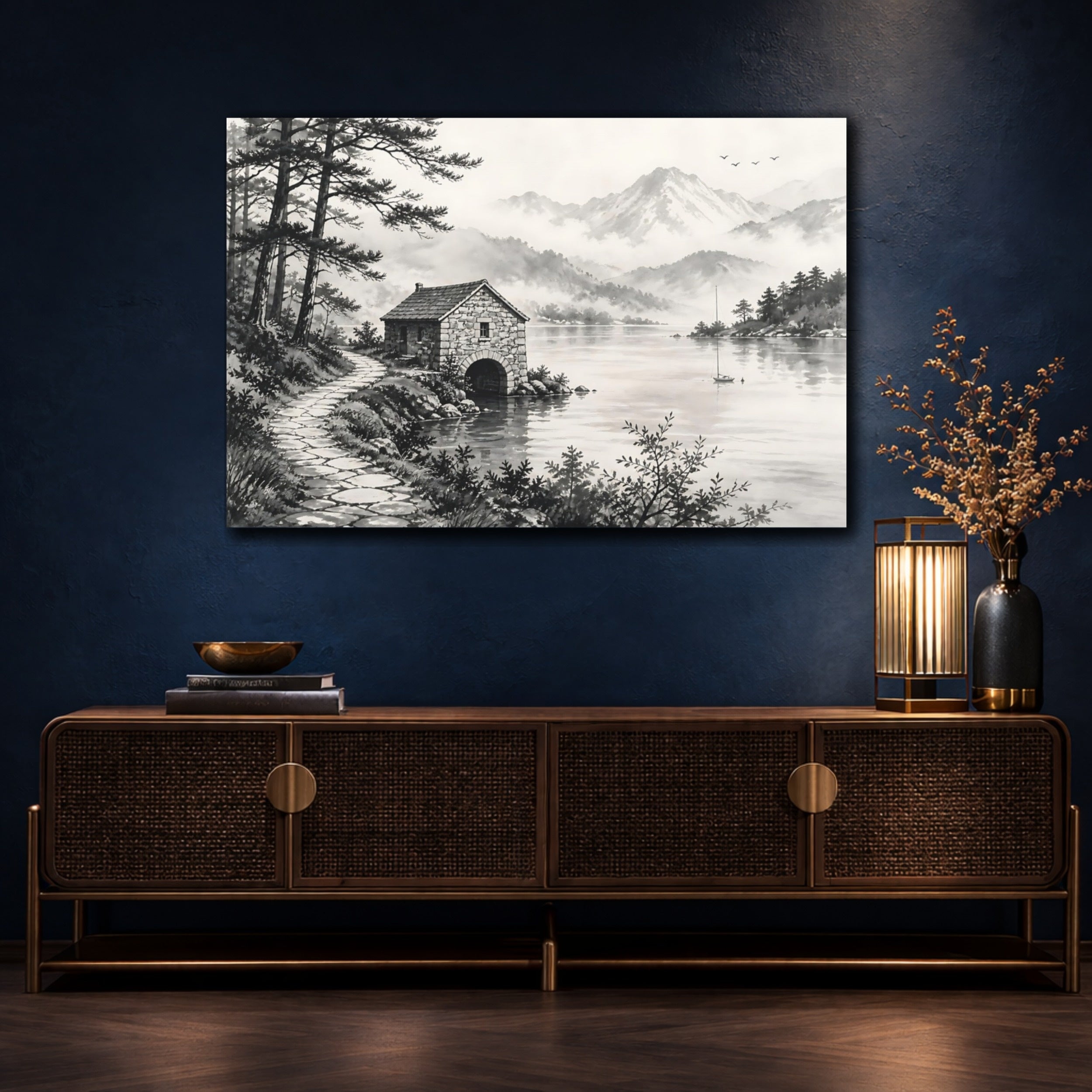 Mockup 4. Nature Boathouse Monochrome Landscape shown as stretched canvas wall art