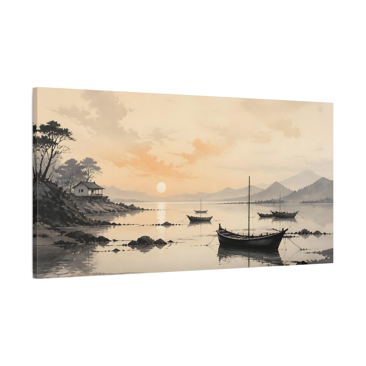 Main Mockup. Nature Boats Warm Sunset Landscape shown as stretched canvas wall art
