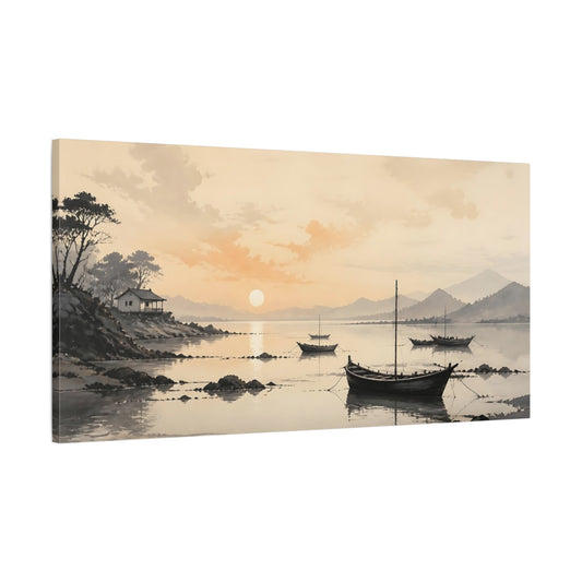 Main Mockup. Nature Boats Warm Sunset Landscape shown as stretched canvas wall art