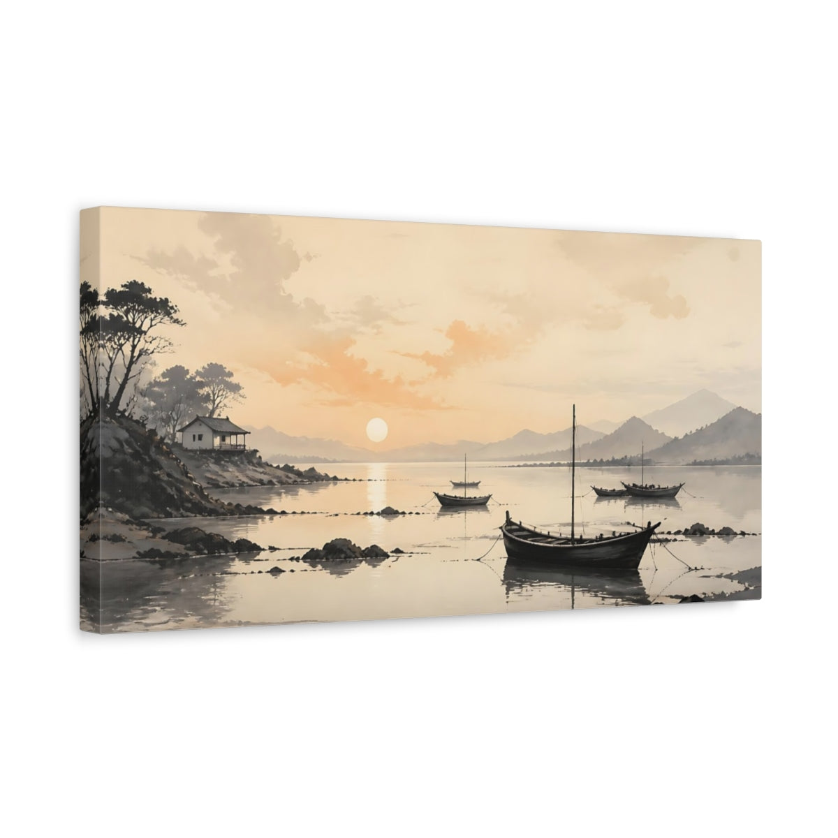Side Mockup 3. Nature Boats Warm Sunset Landscape shown as stretched canvas wall art