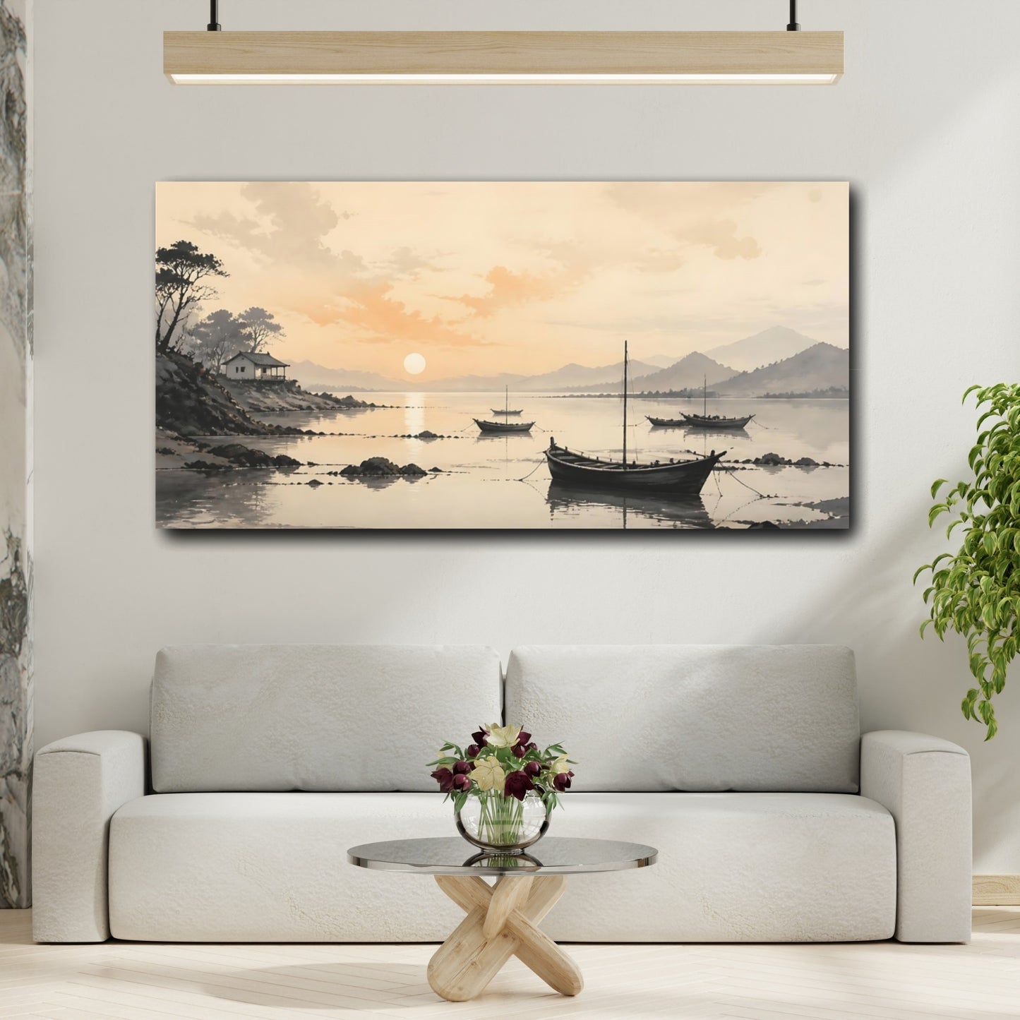 Mockup 2. Nature Boats Warm Sunset Landscape shown as stretched canvas wall art