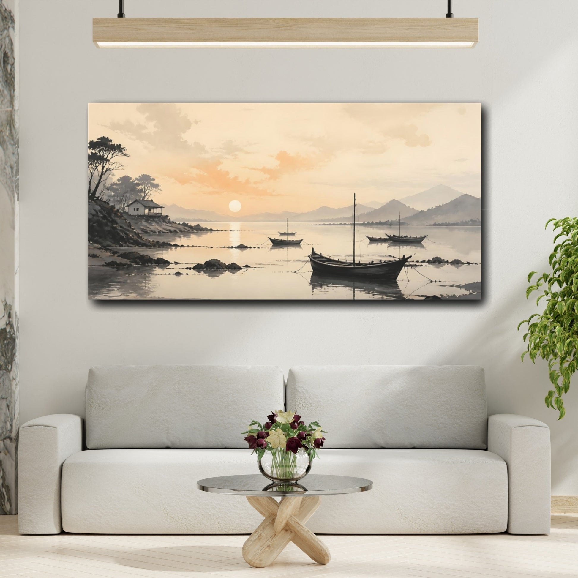 Mockup 2. Nature Boats Warm Sunset Landscape shown as stretched canvas wall art