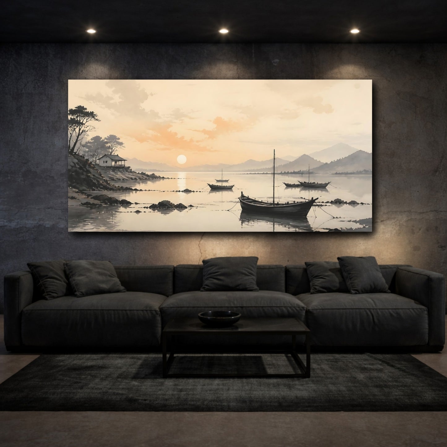 Mockup 3. Nature Boats Warm Sunset Landscape shown as stretched canvas wall art