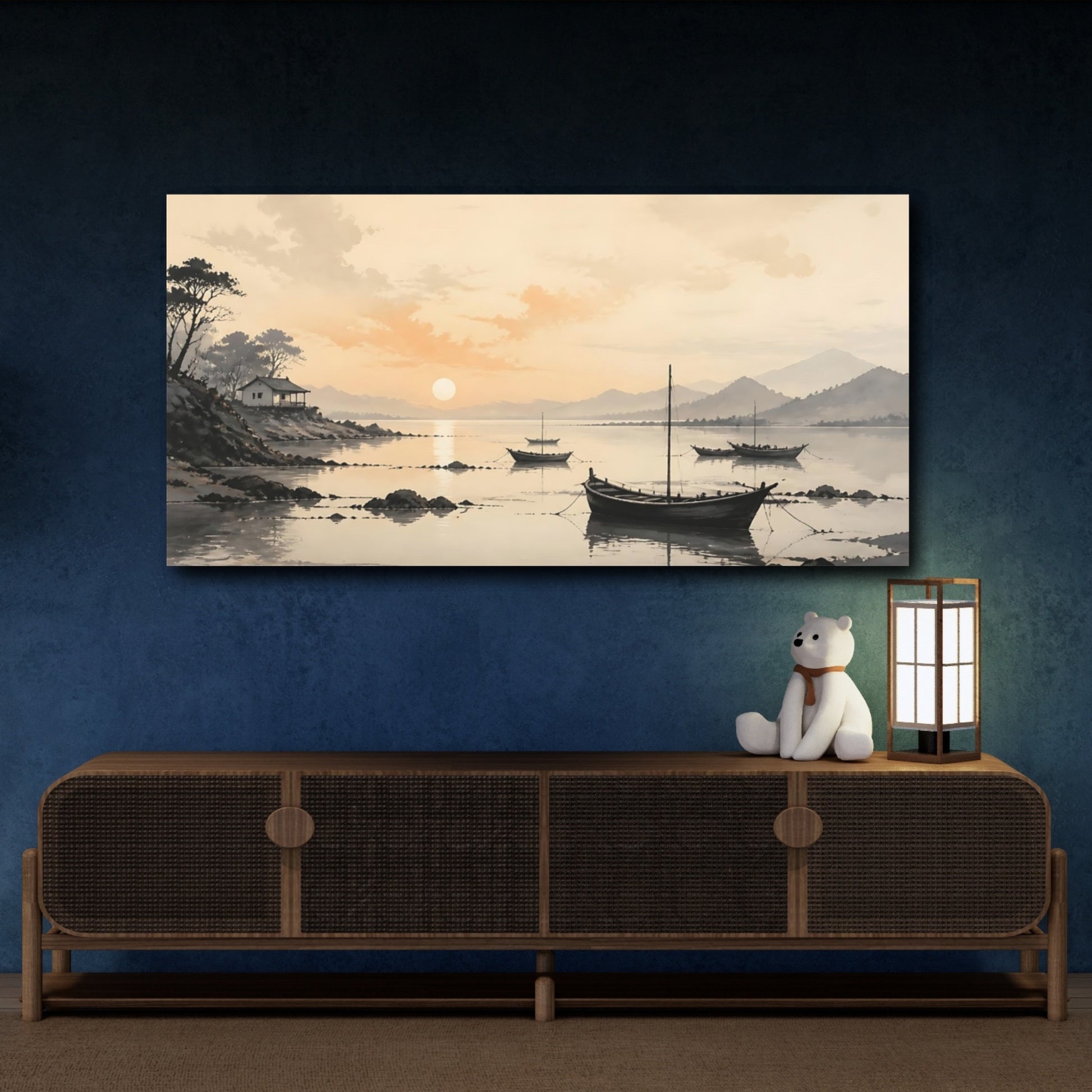 Mockup 4. Nature Boats Warm Sunset Landscape shown as stretched canvas wall art